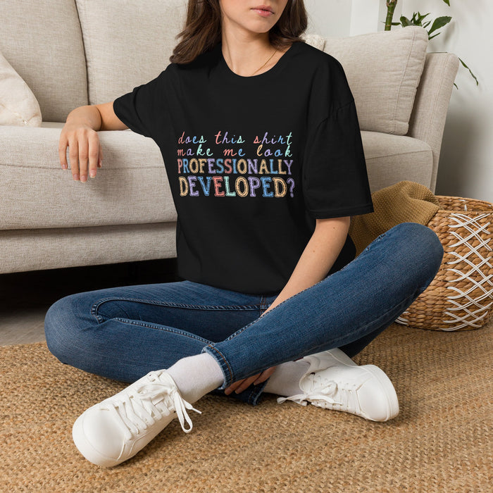 Professionally Developed? Pastel Graphic T‑Shirt — Funny Developer Tech Tee