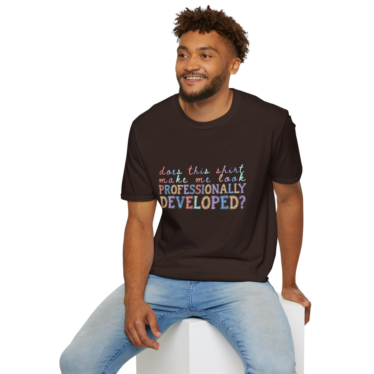 Professionally Developed? Pastel Graphic T‑Shirt — Funny Developer Tech Tee