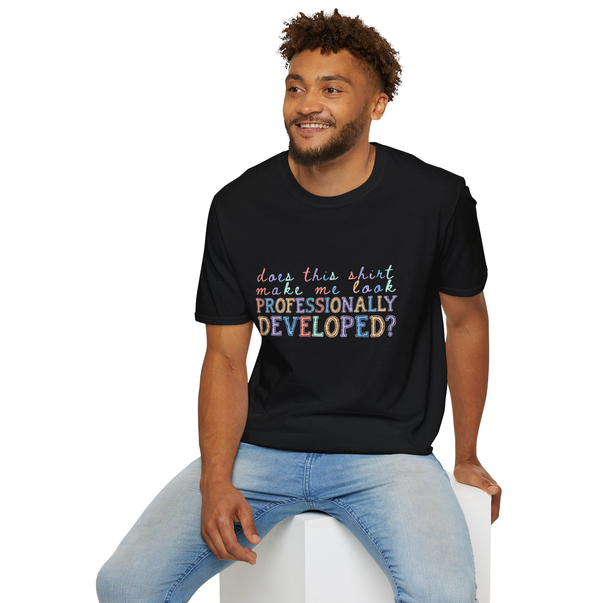 Professionally Developed? Pastel Graphic T‑Shirt — Funny Developer Tech Tee