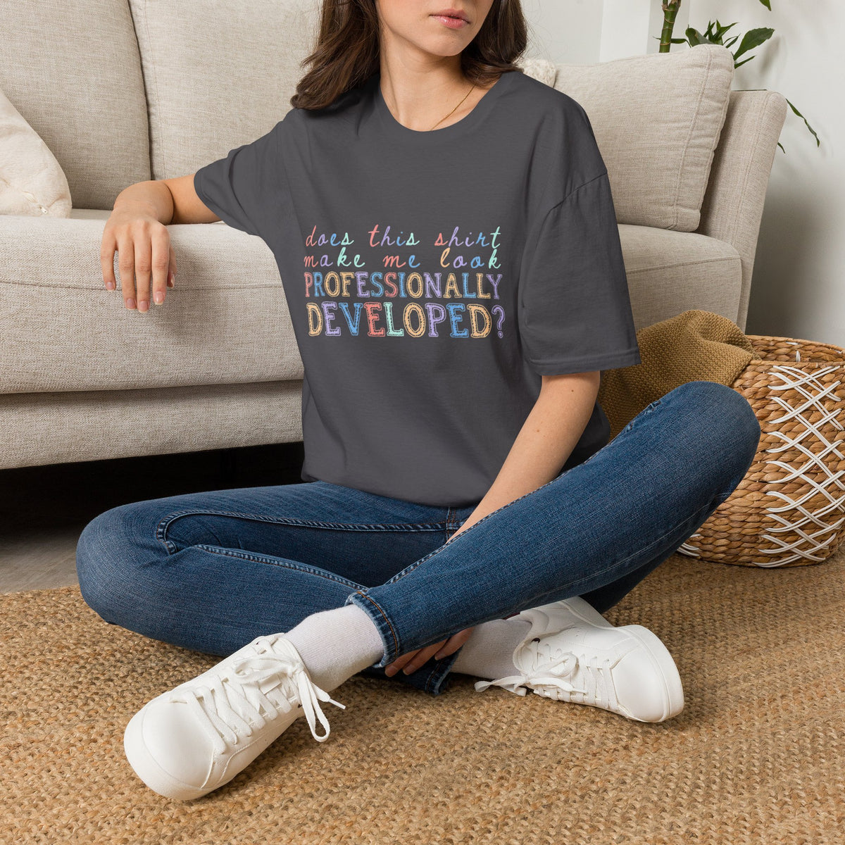 Professionally Developed? Pastel Graphic T‑Shirt — Funny Developer Tech Tee