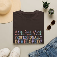 Professionally Developed? Pastel Graphic T‑Shirt — Funny Developer Tech Tee