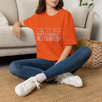 Professionally Developed? Pastel Graphic T‑Shirt — Funny Developer Tech Tee
